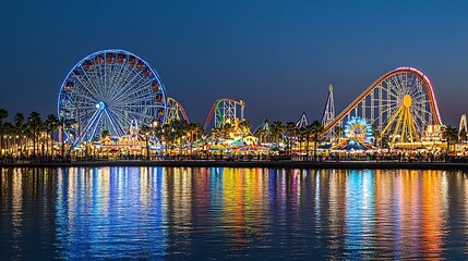 Obraz premium Nighttime amusement park, waterfront, reflection