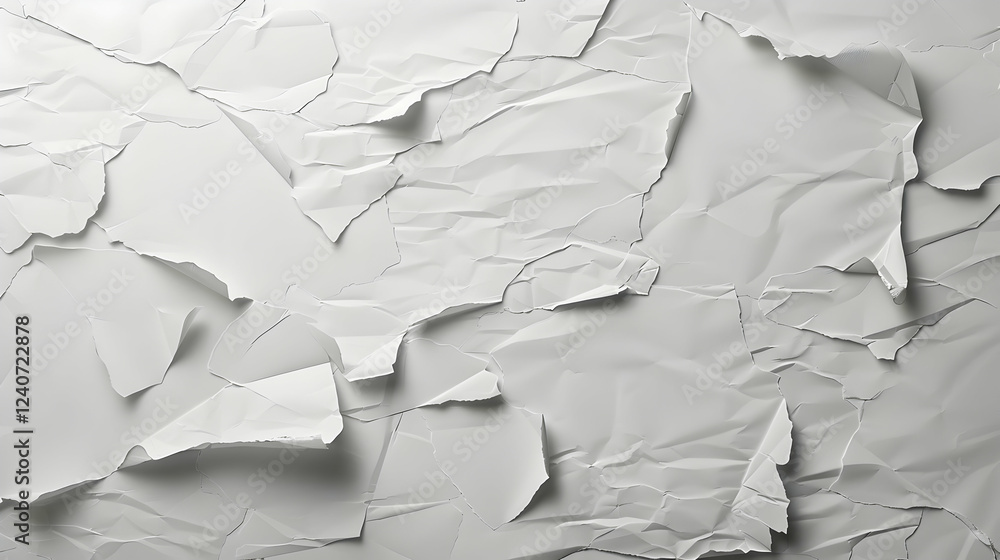 Poster crumpled white paper texture with torn edges, creating a dynamic visual effect for backgrounds
