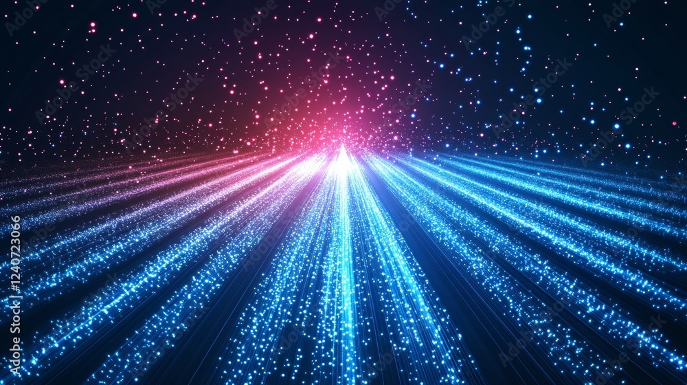 Poster digital network data flow, neon lines in blue, pink and glowing particles abstract background art