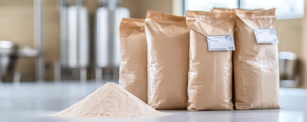 Food safety hygiene certification concept. Certified organic flour bags neatly stacked in a sterile production facility