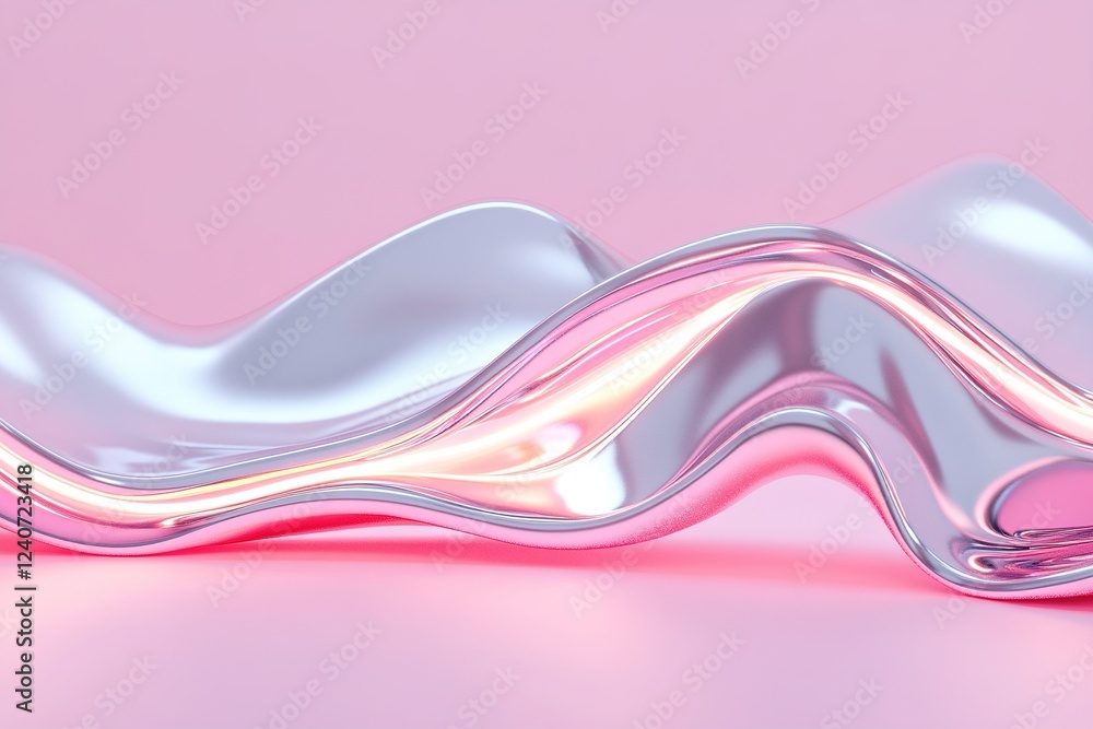 Poster wavy chrome panels create a mesmerizing visual effect under soft pink neon light, highlighting a cle