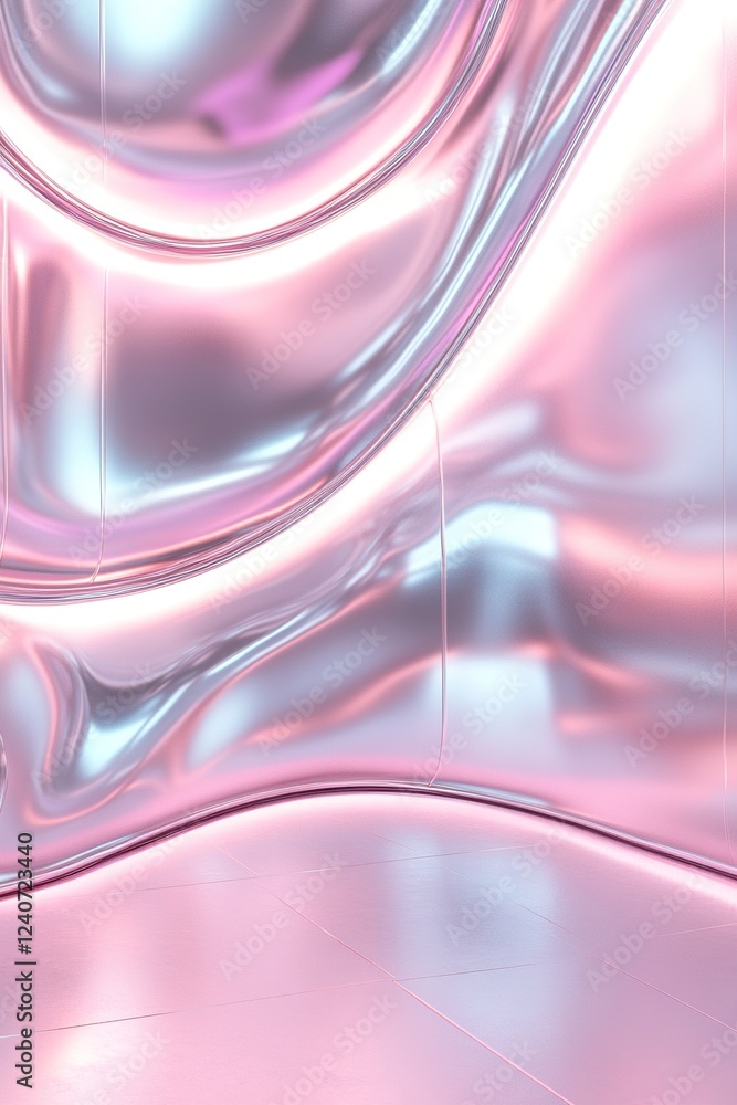 Poster illuminated by soft pink neon light, abstract wavy chrome panels form a fluid design with a clean mi