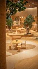 Obraz premium Wood Furniture Arranged in Organic Circle in Open-Plan Space