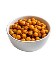 A small bowl of roasted chickpeas with spices, placed on a white surface. Transparent background


