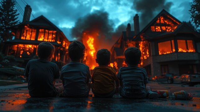 Children watch a devastating fire engulf several homes in a residential area during the evening