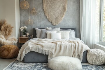 Sleek gray velvet bed with hairpin legs, white and gray pillows, and feathered wall hanging in urban-style neutral-toned bedroom.