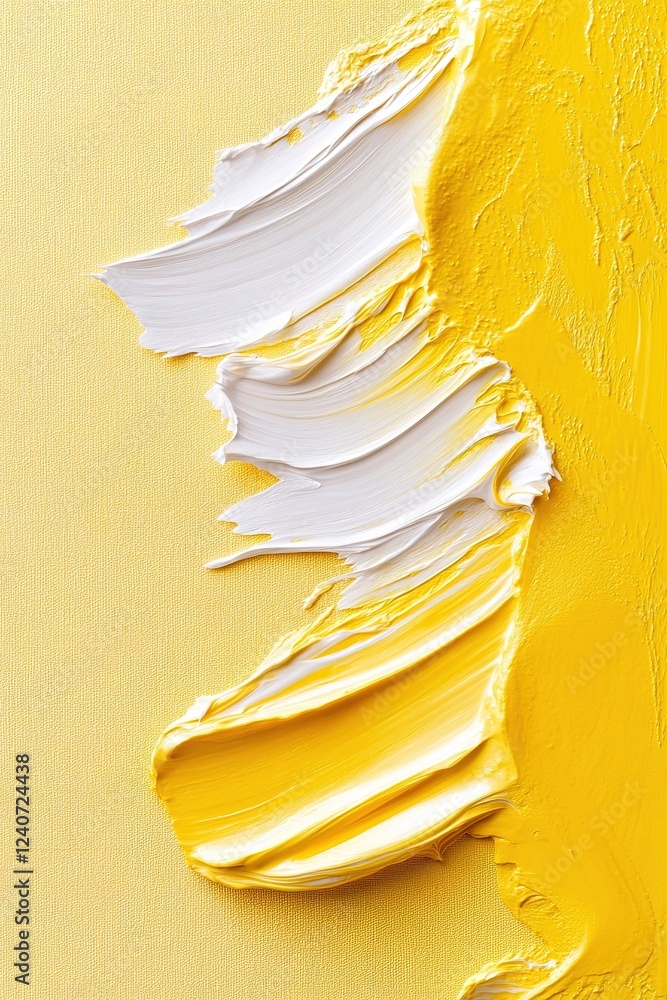 Poster bright yellow brush strokes intersect on a soft yellow background, adding depth and a sense of motio