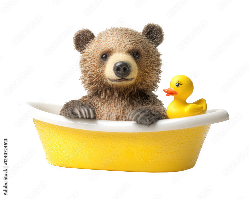 Poster bear enjoying bath with rubber duck, creating playful and whimsical scene. bear expression is cheerf