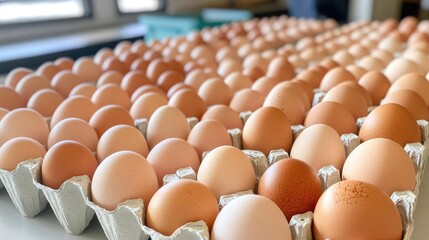 Food safety hygiene quality concept. Rows of fresh eggs in sanitized cartons at a quality control station