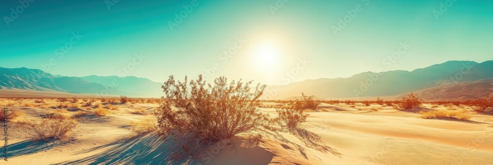 Poster golden sunlight illuminates a vast desert landscape with gentle sand dunes and sparse vegetation dur