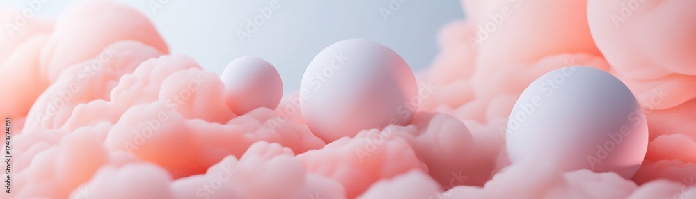 Poster soft clouds swirl gently around glowing orbs, blending pastel colors in a serene atmosphere that evo