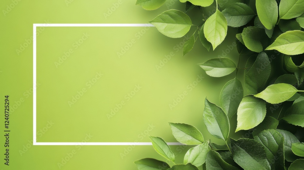 Poster Green leaves framing empty space for text insertion in a fresh and vibrant layout for creative projects. Generative AI
