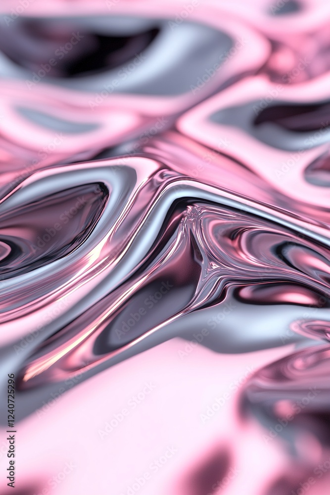 Wall mural This captivating artwork features flowing liquid chrome textures that create mesmerizing ripples illuminated by vibrant pink neon light streaks for a surreal ambiance, perfect for modern aesthetics