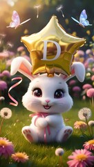 A cute chibi bunny in a sunlit meadow holds a shiny star balloon with 'D', surrounded by flowers, butterflies, and magic.