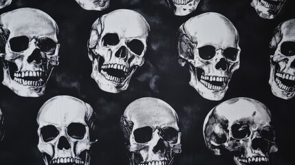 Stylized Skull Pattern: A bold, monochrome design featuring multiple skulls, ideal for fashion and Halloween-themed decor.