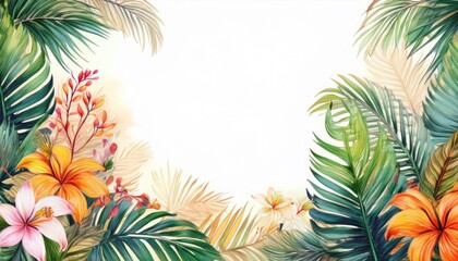 Naklejka premium border frame beautiful palm tree leaves and jungle flowers on white background; copy space for your text