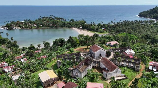 Sao Tome and Principe - Aerial View of Colonial-Style Buildings in Agua Ize. Historic Architecture Surrounded by Tropical Landscape and Ocean Views.