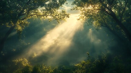 A serene, fog-covered forest at dawn, with soft rays of light breaking through the mist and casting a gentle glow over the trees.