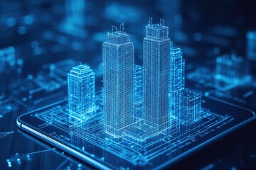 A digital representation of skyscrapers on a smartphone, showcasing futuristic architecture and technology in urban planning.