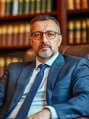 Naklejka premium Serious lawyer sitting in law office with bookshelves in background