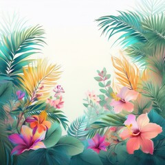 border frame beautiful palm tree leaves and jungle flowers on white background; copy space for your text