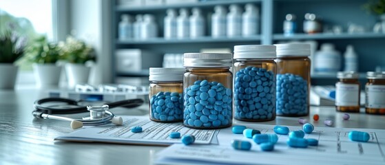 Medicines with bottles on the top of table.