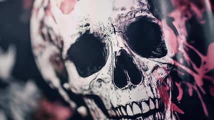 Stylized Skull Illustration: Close-up of a detailed skull with artistic splashes, suitable for Halloween or tattoo designs.