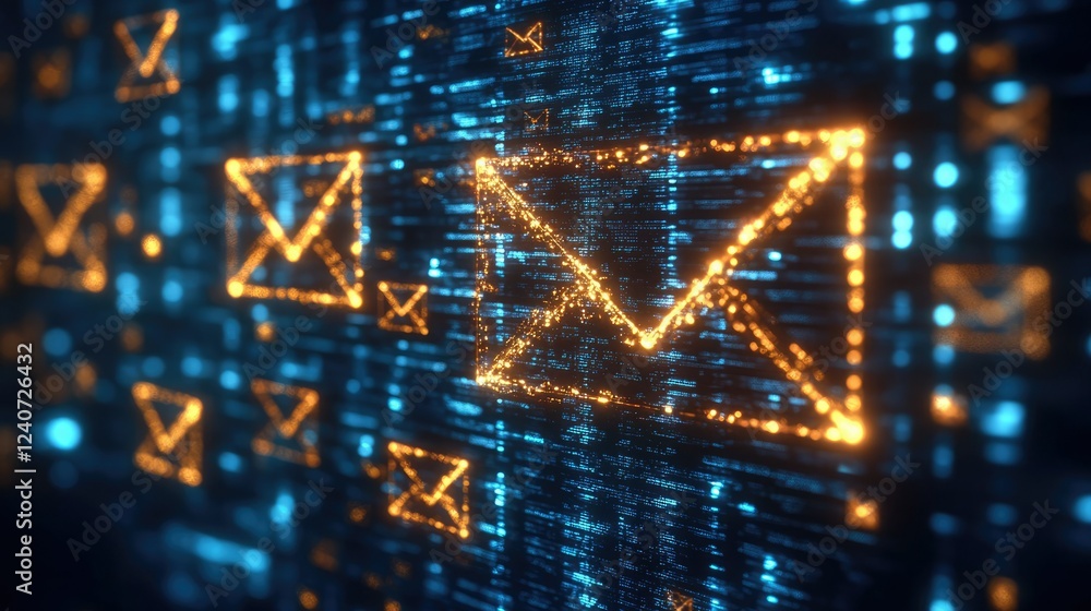 Poster digital glowing envelope icons representing communication and technology in a modern abstract backgr