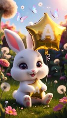 A chibi bunny in a sunlit meadow holds a shiny star balloon with letter ‘A’, surrounded by flowers, butterflies, and magic. ✨