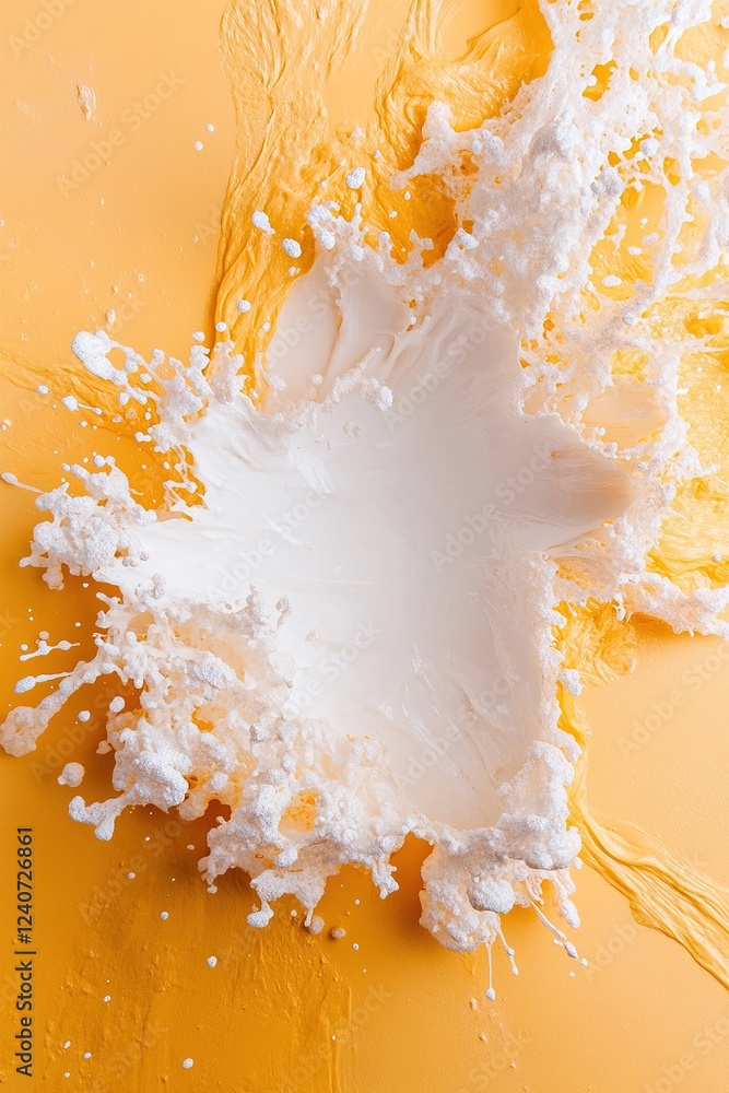 Poster bold abstract splatter effect showcases vibrant yellows and hints of white and orange. this energeti
