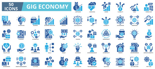 Gig economy icon collection set. Containing capitalism, caregiving, flexibility, goal, consultant, compensation, innovation, business icon. Simple color vector