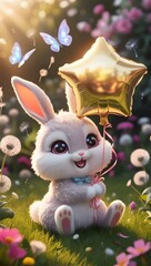A cute chibi bunny in a sunlit meadow holds a shiny star balloon, surrounded by flowers, butterflies, and a whimsical glow.