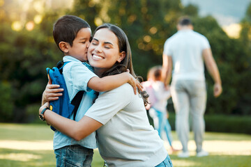 School backpack, mother and hug kid outdoor for care, love or support for first day with family. Kiss, boy and mom with kindergarten student ready for education, learning or goodbye with happy parent