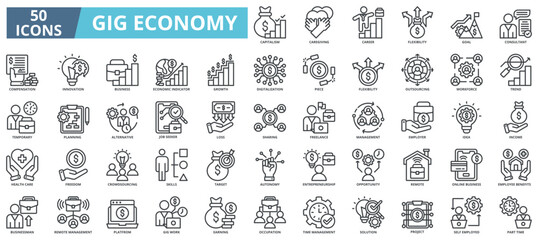 Gig economy icon collection set. Containing capitalism, caregiving, flexibility, goal, consultant, compensation, innovation, business icon. Simple line vector