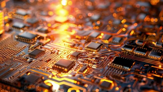 A close-up view of a microcircuit showing intricate electronic components, conductive pathways, and detailed connections on a circuit board