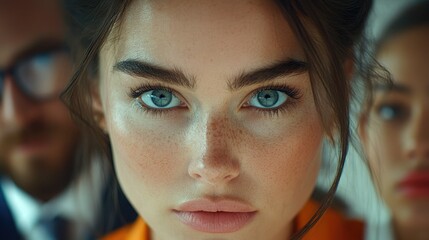 Young woman with striking blue eyes engages the viewer in a vibrant and dynamic atmosphere with two blurred figures nearby