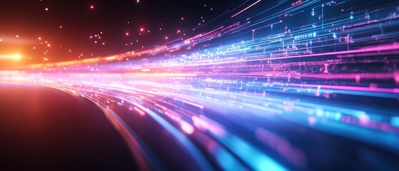 A vibrant digital abstract design featuring streaks of colorful light, conveying a sense of speed and technological advancement.