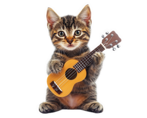 cat holding tiny guitar looks like rock star, showcasing playful and whimsical vibe. This adorable scene captures essence of fun and creativity