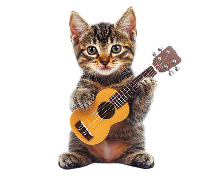 cat holding tiny guitar looks like rock star, showcasing playful and whimsical vibe. This adorable scene captures essence of fun and creativity