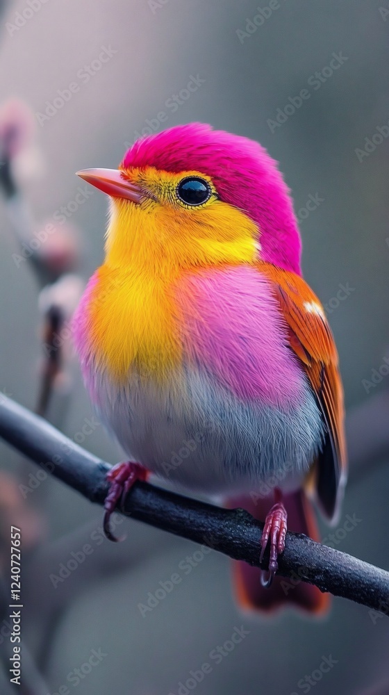 Poster colorful bird perched on a branch its feathers a dazzling array of pink yellow and orange with a sma