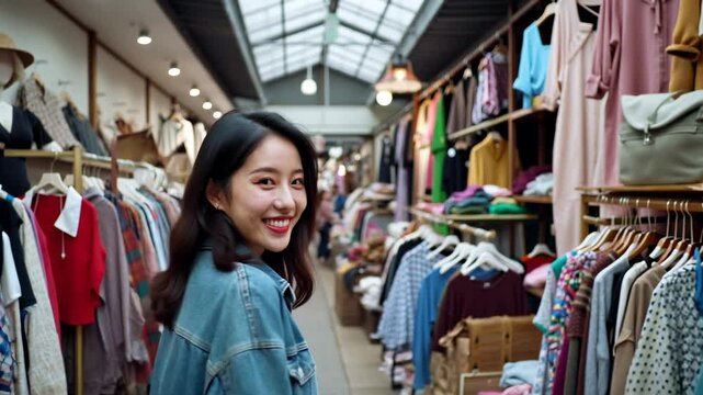 Young asian woman doing shopping inside clothes shop - Fashion and trend concept - Model by AI generative 