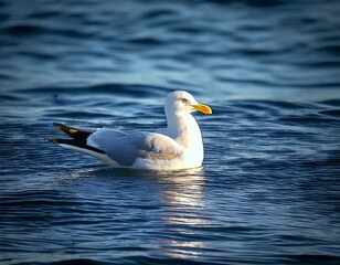 Fototapeta premium A close-up of a graceful seagull floating on the water, with shimmering ripples reflecting the sunlight, epitomizing serenity.