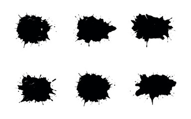 Black ink splashes and drops set. Splash of paints, spray drops staining and frame with wet paint drop vector set.