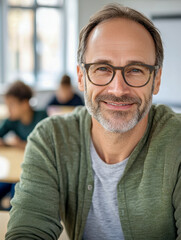 Obraz premium Portrait of smiling mature man wearing glasses in classroom setting