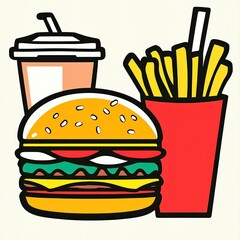 Juicy burger, fries, soda; fast food meal (1)