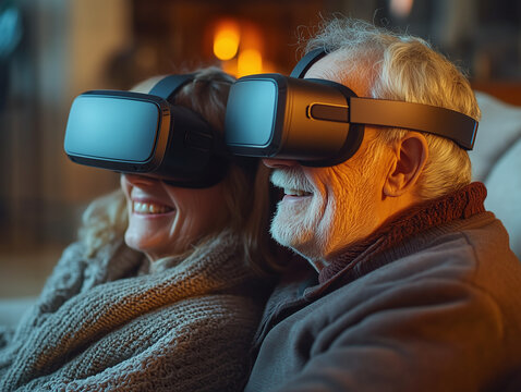 An elderly couple wearing VR headsets, laughing and amazed, engaging with virtual reality technology in a joyful and modern setting.  