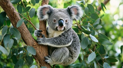 Fototapeta premium Koala in Eucalyptus Tree, Australia. Wildlife habitat, nature background