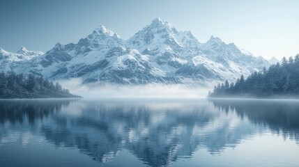 Snowy mountain range reflecting on calm lake, tranquil winter scene