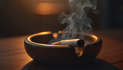 Lit cigarette resting in ashtray with smoke, evening ambiance