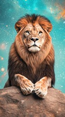 Majestic Lion Staring at the Camera with Cosmic Background of Stars and Galaxies for Nature and Wildlife Photography